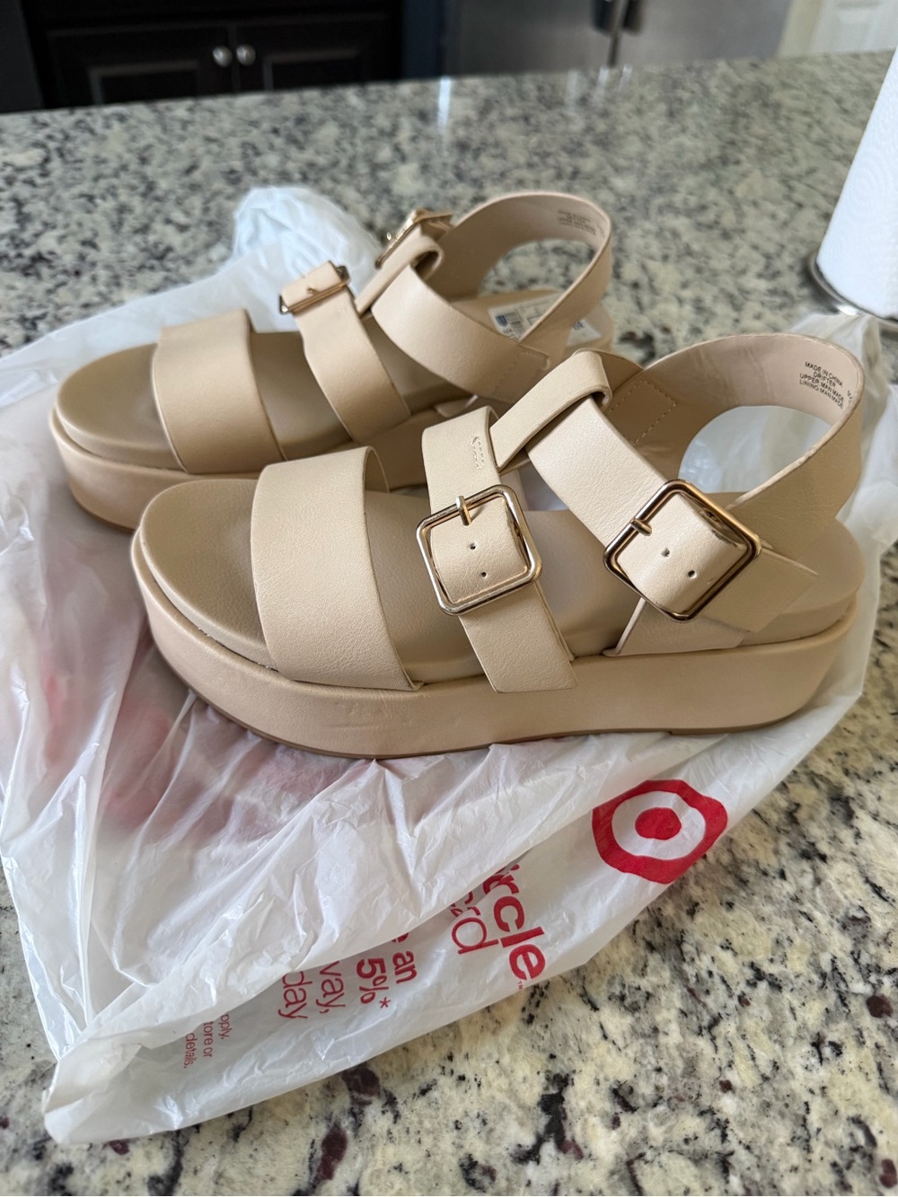 Women's Beige Platform Sandals with Buckle Closure - Picture 2 of 7